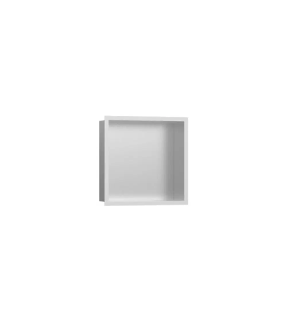 Wandnische in mattem Weiß, rechteckige Form, montiert an einer wand. Hansgrohe-Design mit glatter Oberfläche. Ideal für die Integration in Badezimmer oder Wohnräume.